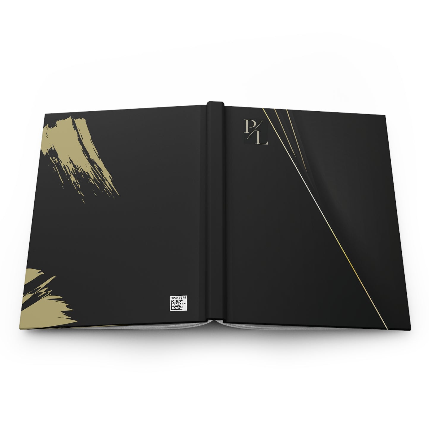 Open cover black notebook with gold accents in a white background