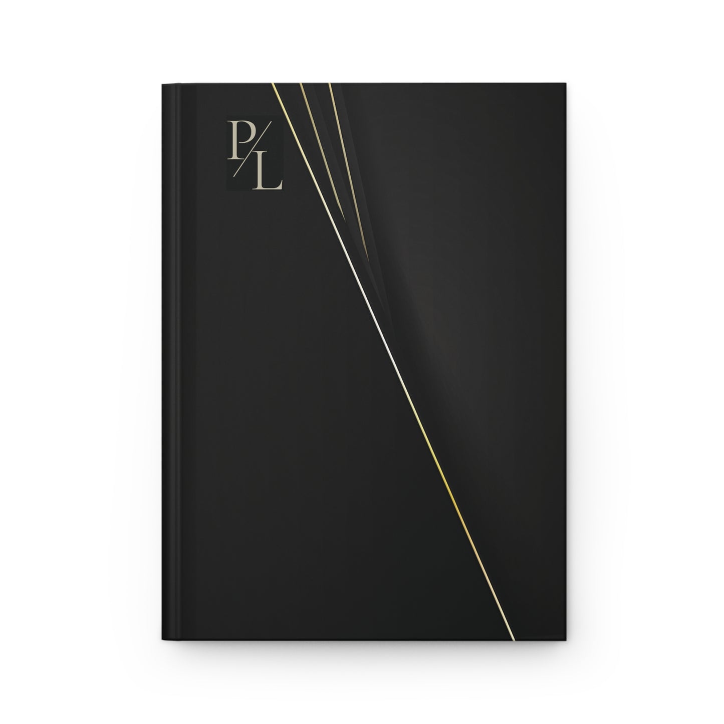 Matte black notebook with gold accents and 'P/L' branding on a white background