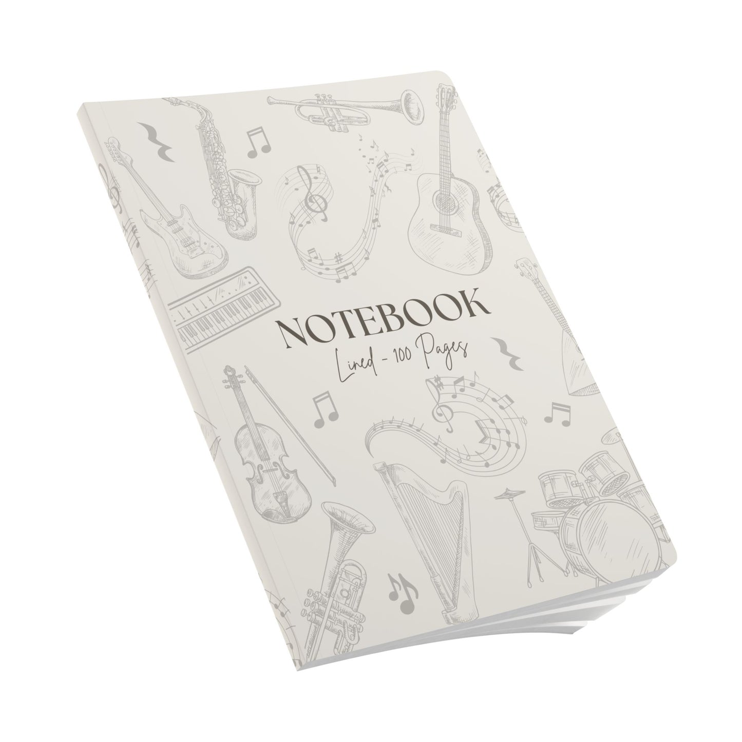 Notebook with musical instrument illustrations on a white background shown in an angled view
