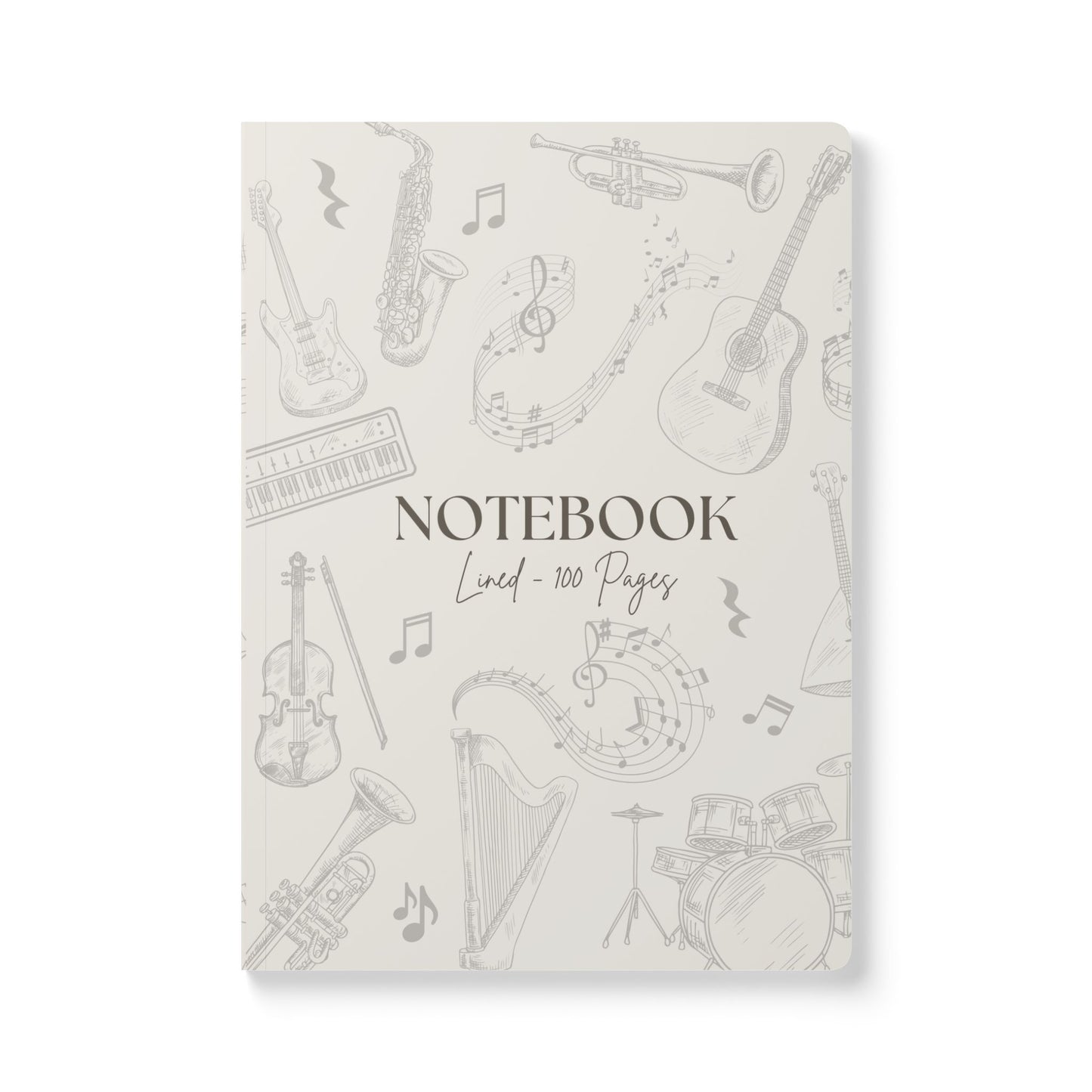 Notebook with musical instrument illustrations on a white background