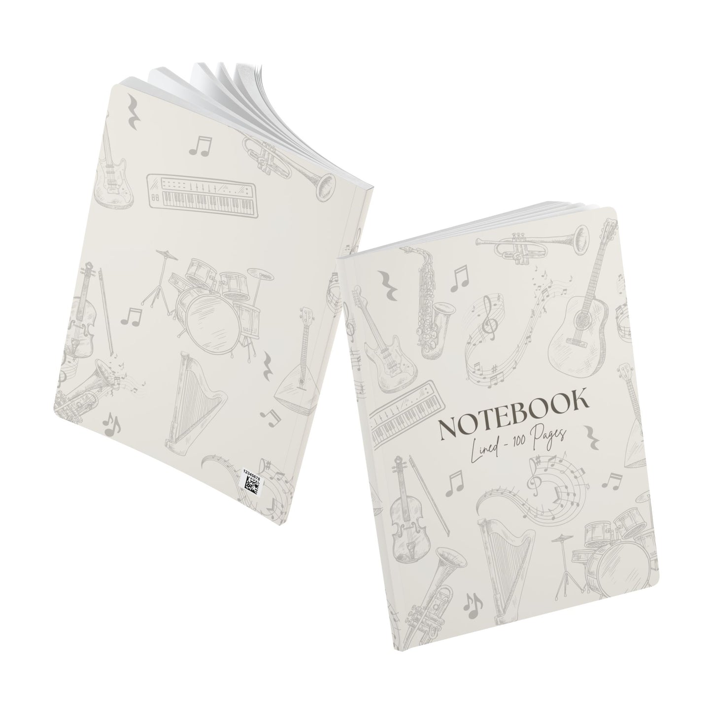 Two Notebooks with musical instruments illustrations in a white background