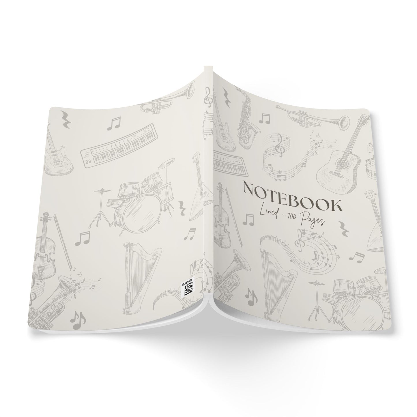 Open Notebook cover with musical instrument illustrations on a white background
