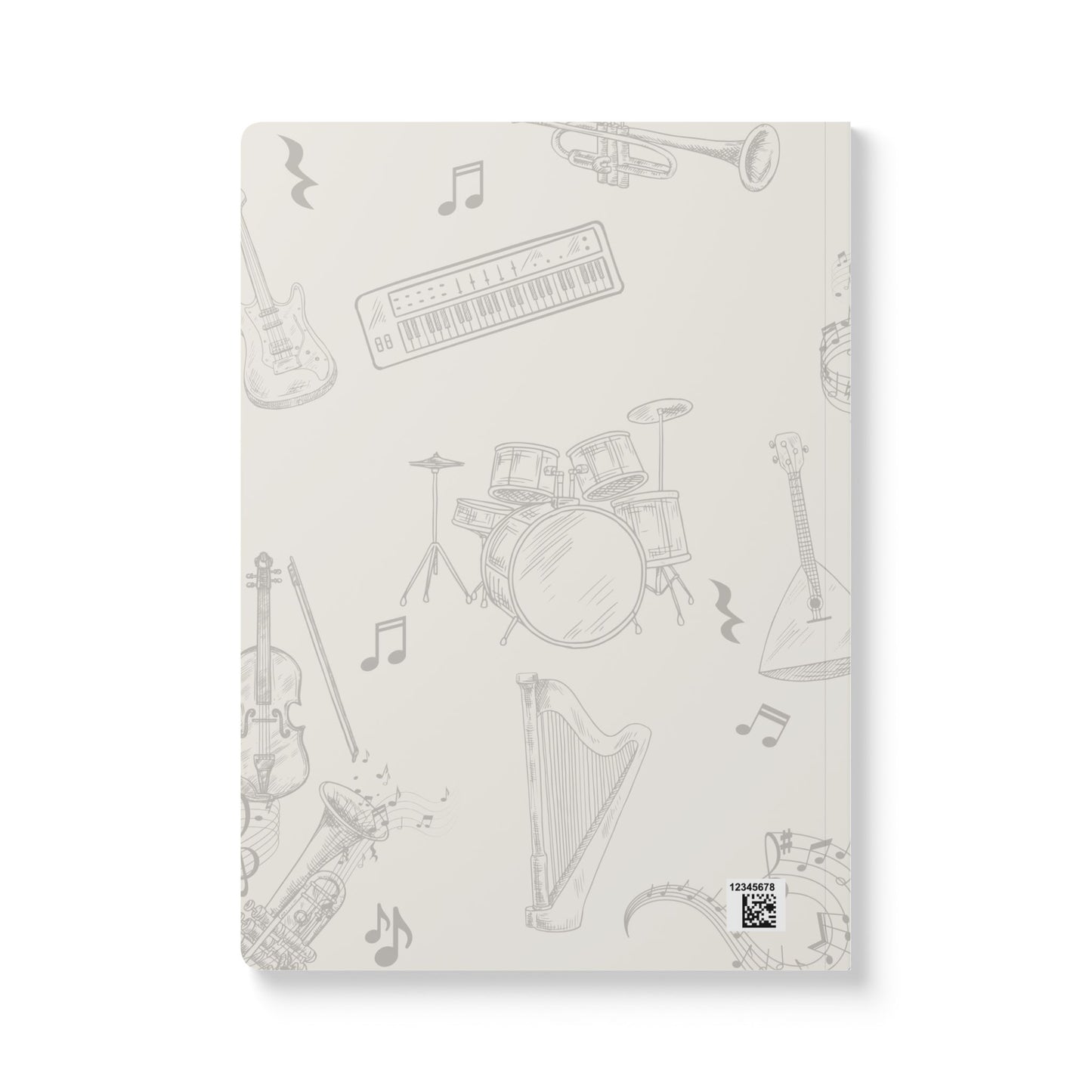 Notebook back cover with musical instrument illustrations on a white background