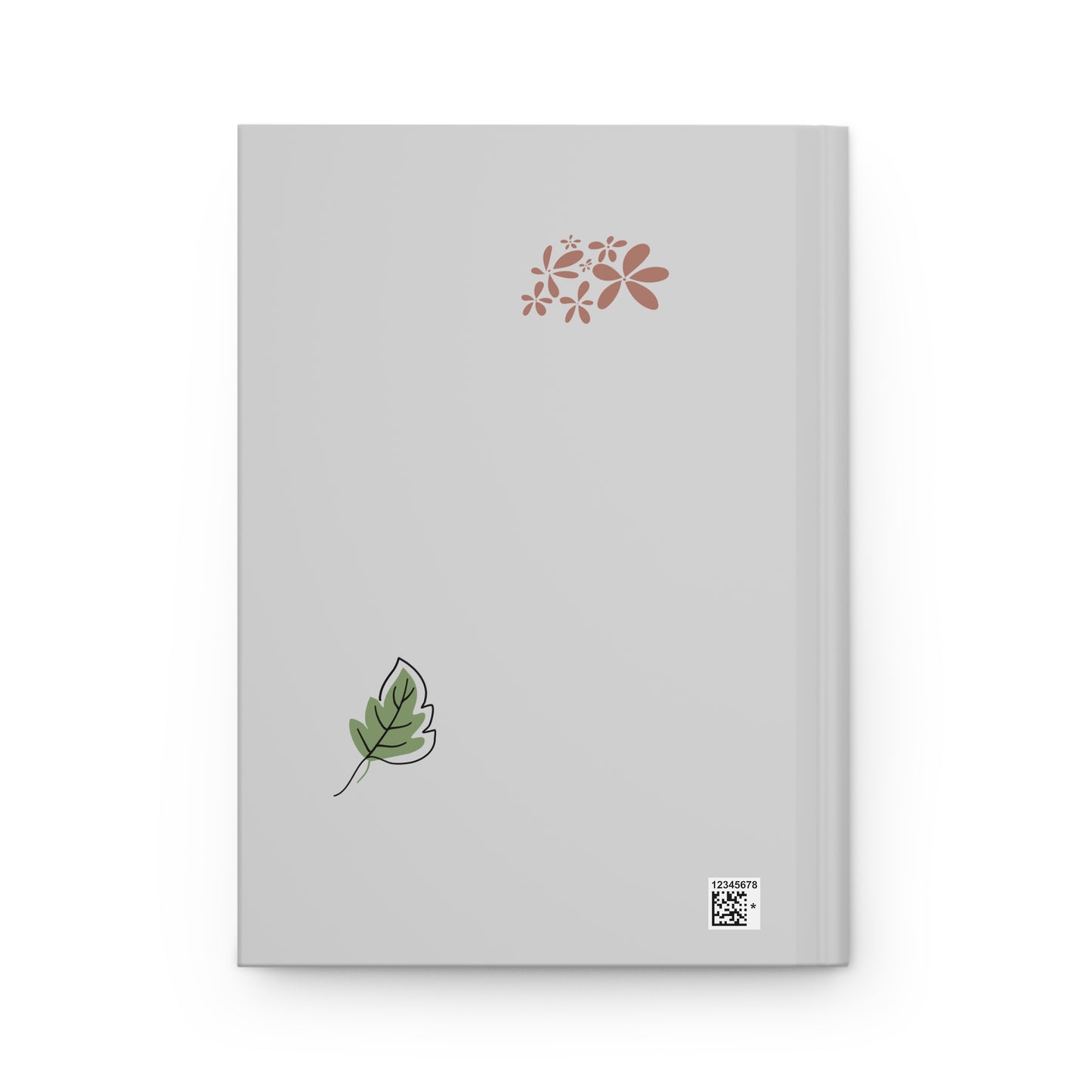Gray notebook back cover with leaf and flower designs on a white background