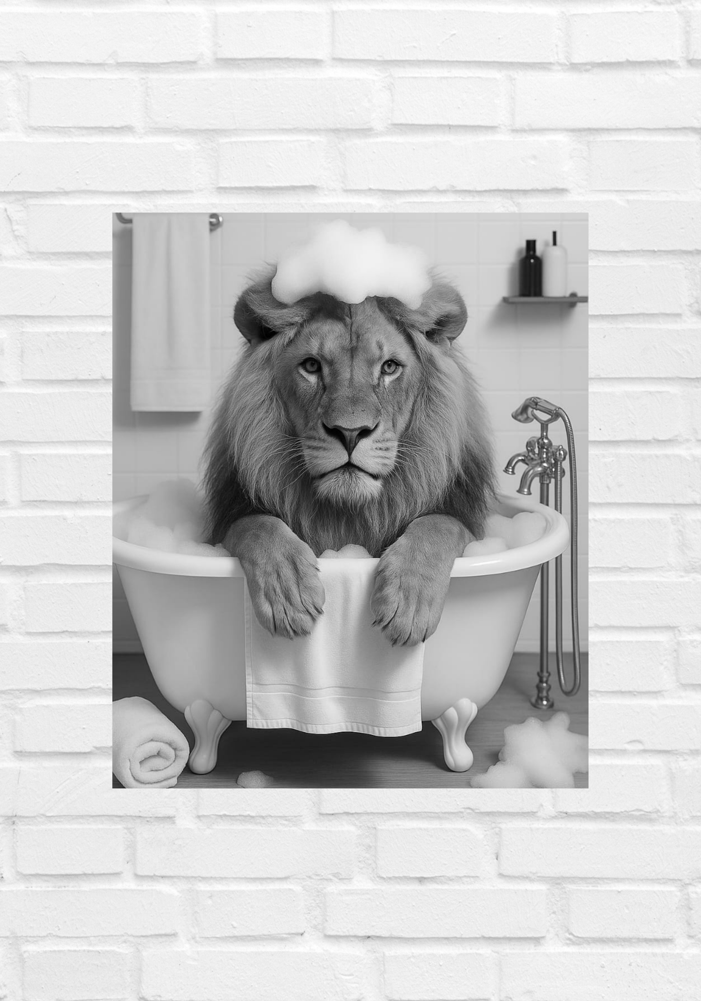 Lion taking a bath in a bathtub with soap bubbles on a white brick wall background
