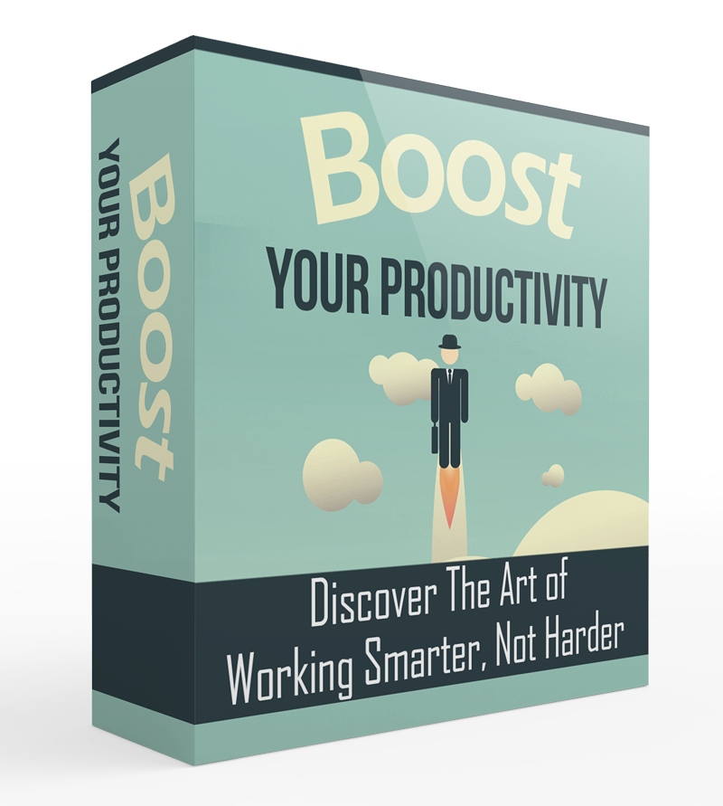 Productivity book cover with text 'Boost Your Productivity' and a graphic of a person on a rocket.