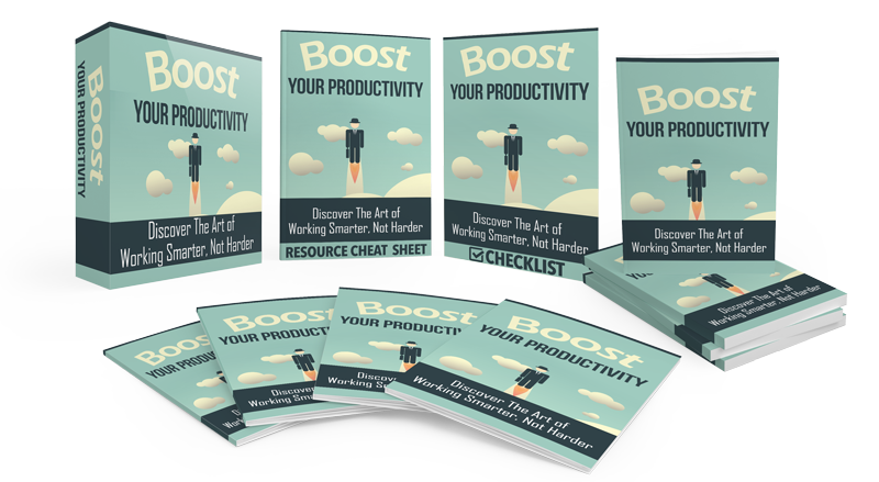 Collection of 'Boost Your Productivity' books and packaging on a white background