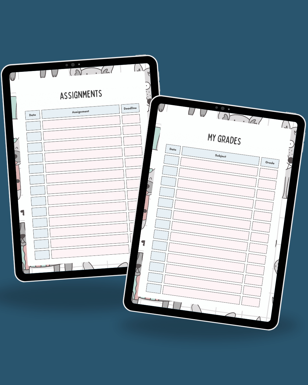 Two tablets displaying educational app screens on a blue background