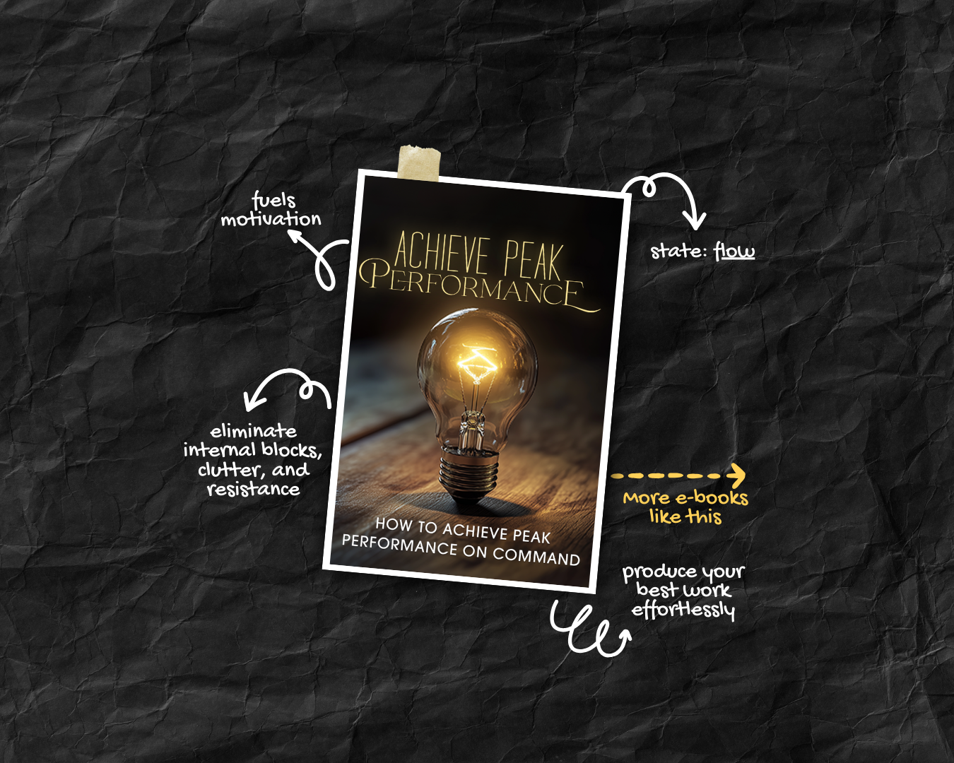 Book titled 'Achieve Peak Performance' with a light bulb graphic on a dark textured background.