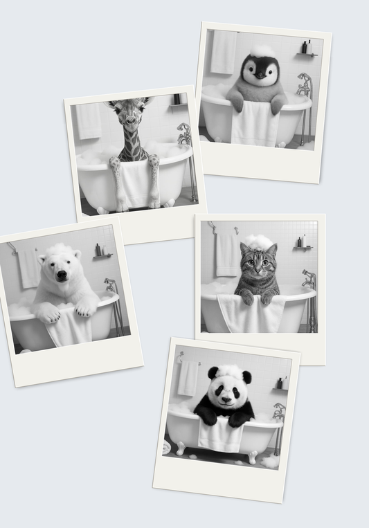 Bathtub Whimsy Bundle | 5 Funny Monochrome Animal Bathroom Prints (Digital Download)