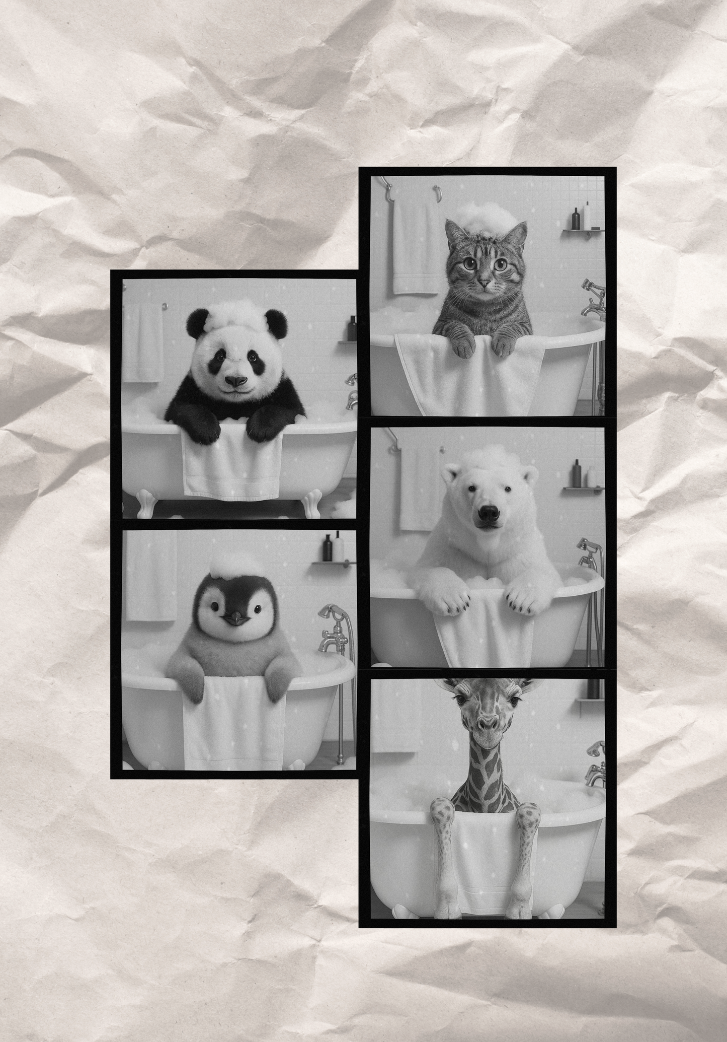 Bathtub Whimsy Bundle | 5 Funny Monochrome Animal Bathroom Prints (Digital Download)