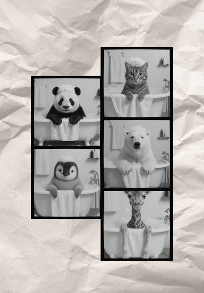 Bathtub Whimsy Bundle | 5 Funny Monochrome Animal Bathroom Prints (Digital Download)