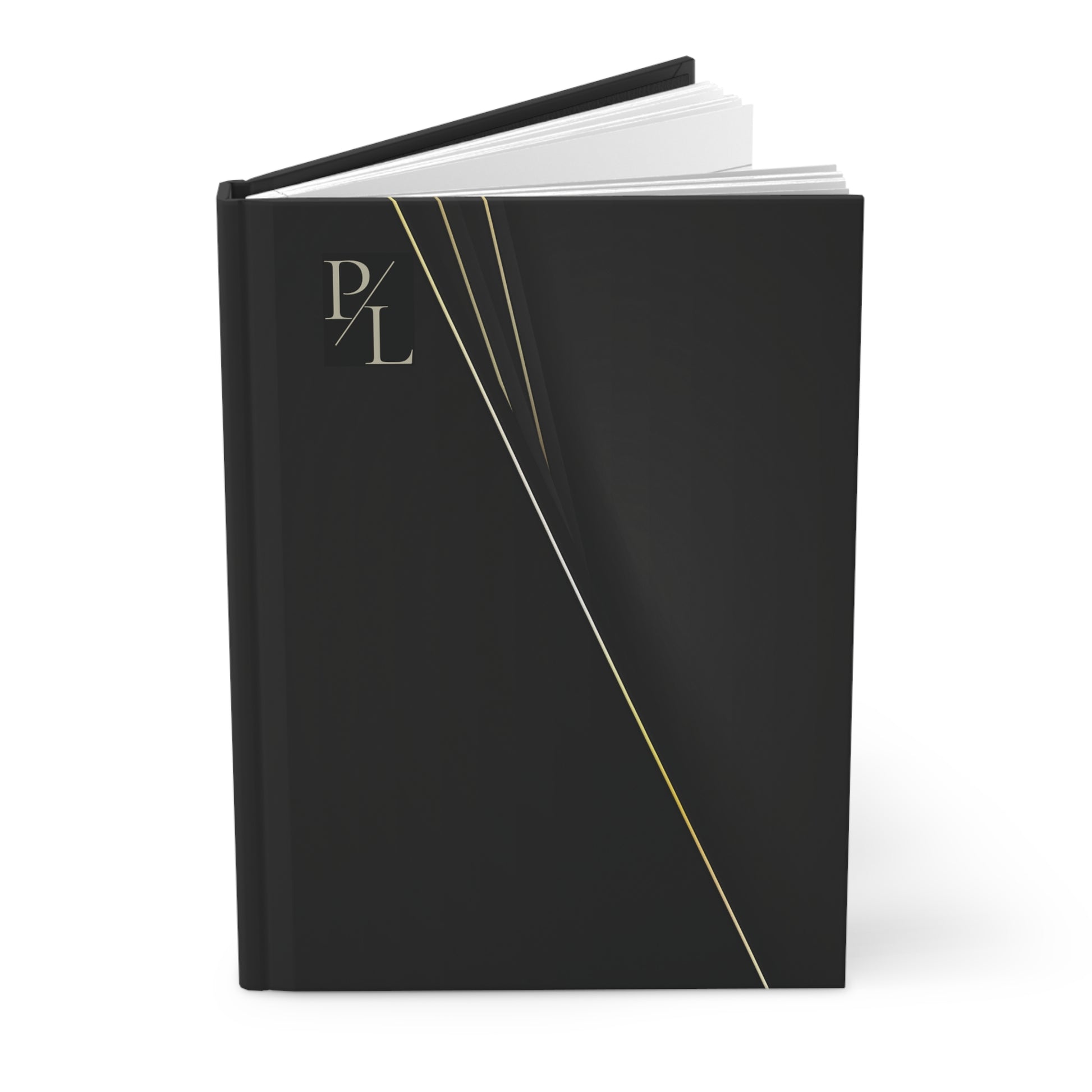 Black notebook with gold accents in a white background