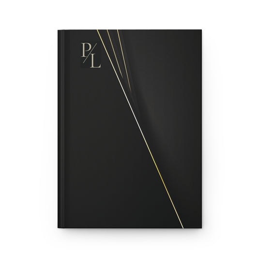 Matte black notebook with gold accents and 'P/L' branding on a white background