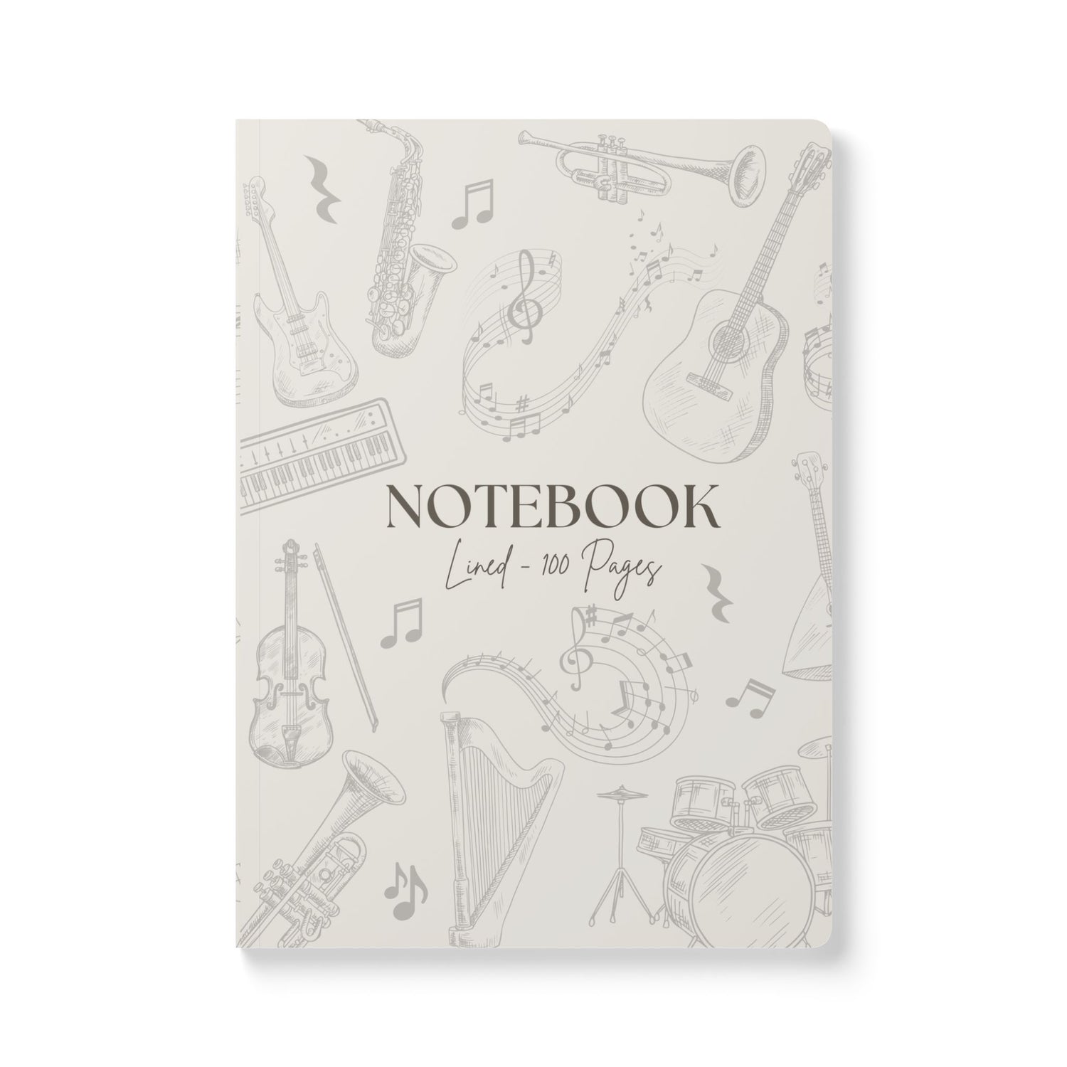 Notebook with musical instrument illustrations on a white background