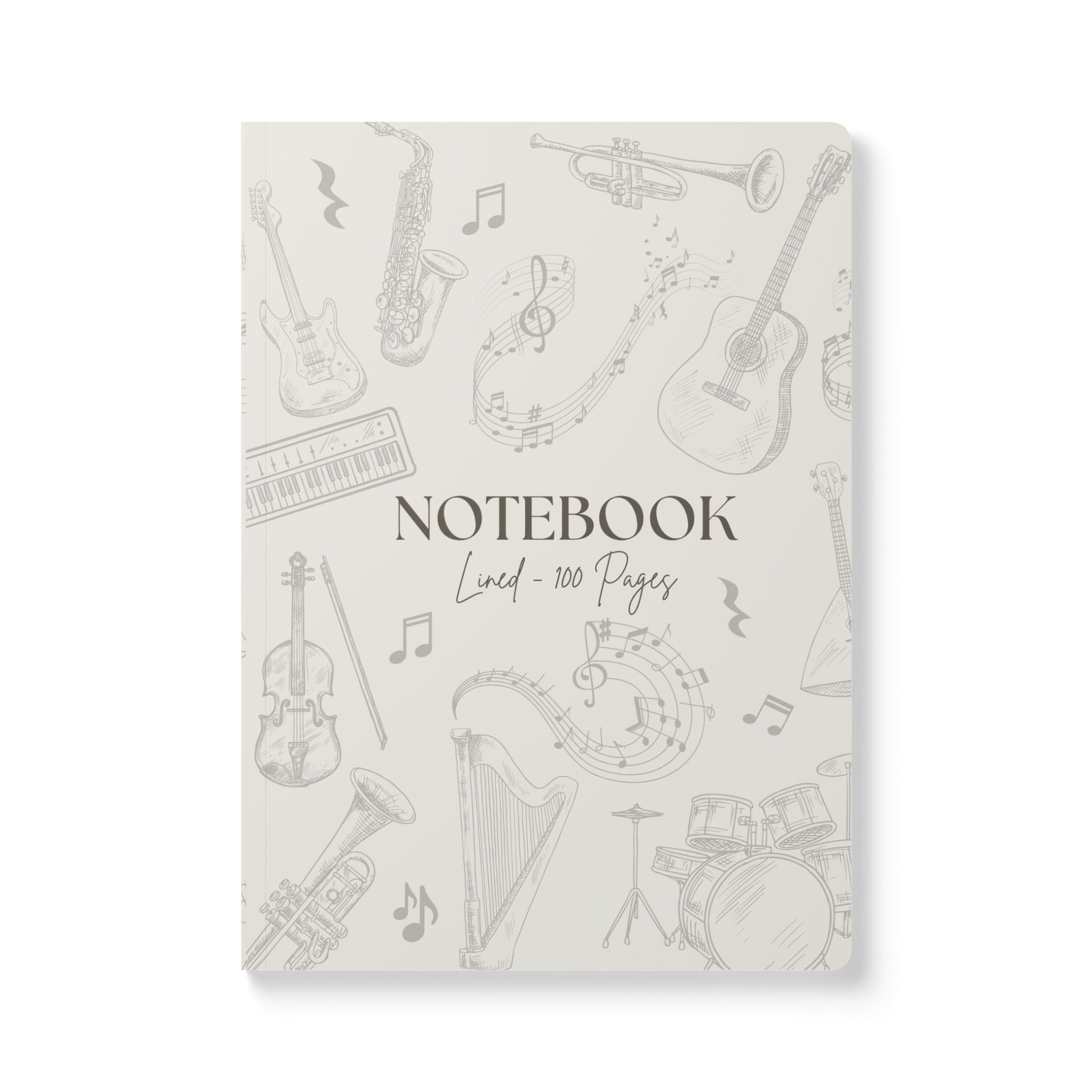 Notebook with musical instrument illustrations on a white background