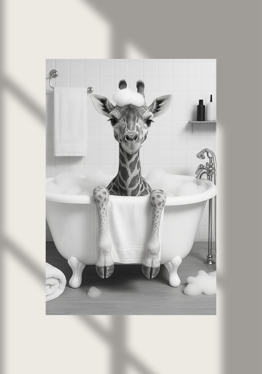 🦒 Bathtub Whimsy – Giraffe Edition | Funny Monochrome Bathroom Wall Art (Digital Download)