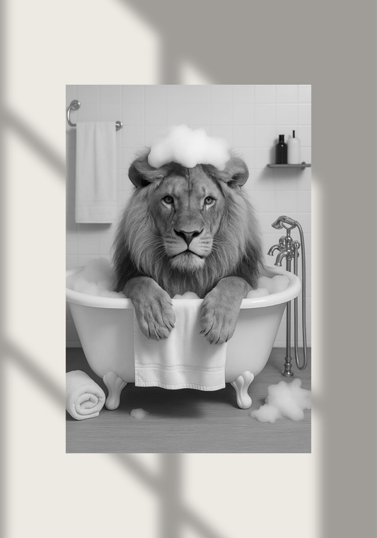🦁 Bathtub Whimsy – Lion Edition | Bold & Funny Bathroom Wall Art (Digital Download)