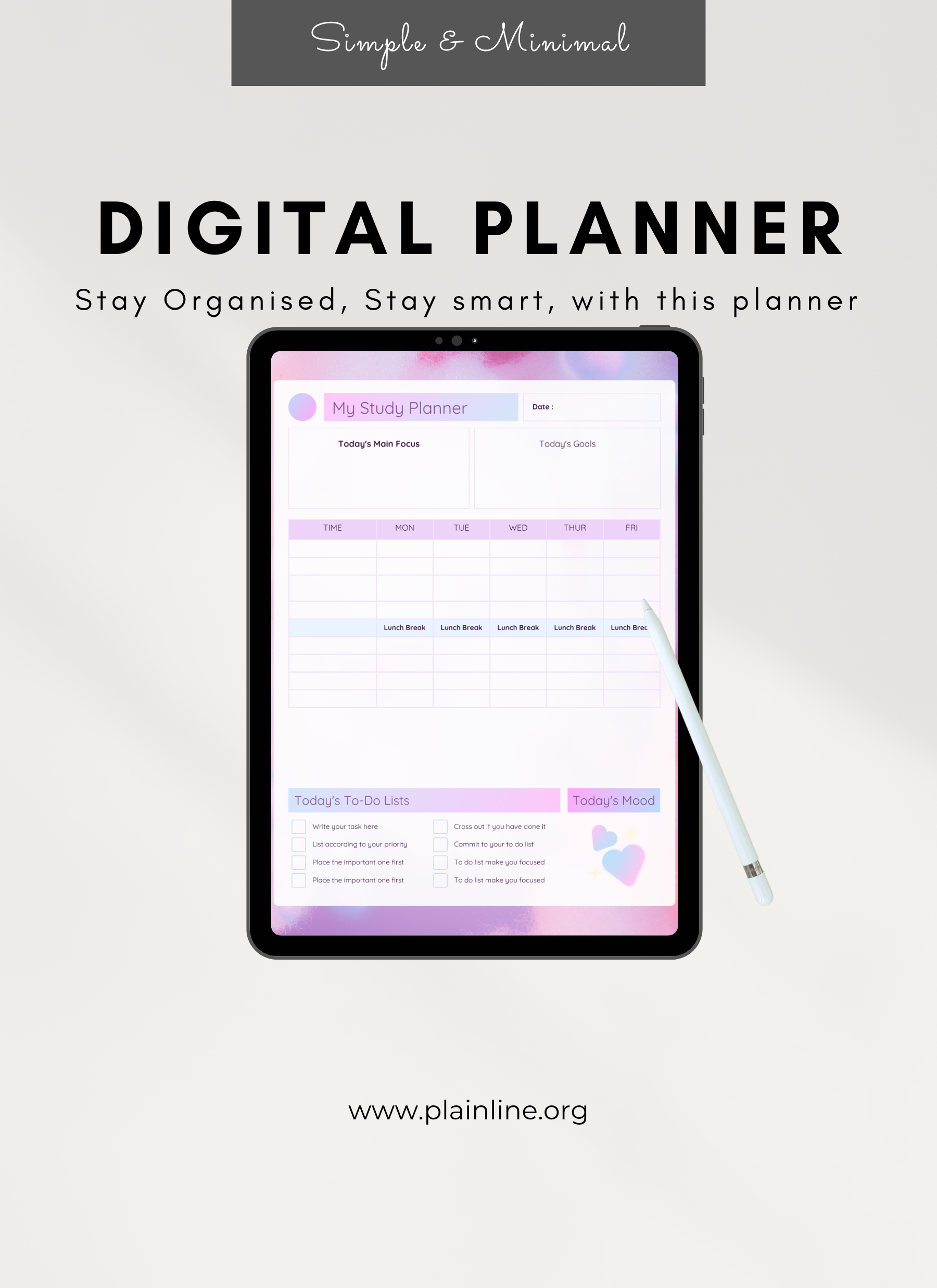 Digital planner on a tablet with a pen, promoting organization and smart planning.