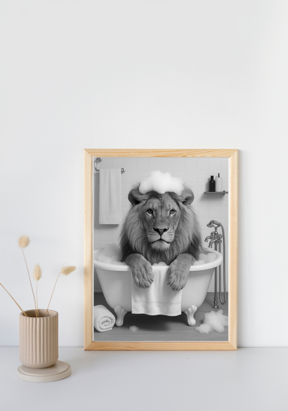 🦁 Bathtub Whimsy – Lion Edition | Bold & Funny Bathroom Wall Art (Digital Download)