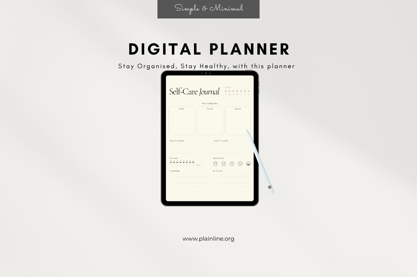 Self-Care Journal displayed on a tablet , on a light gray background.