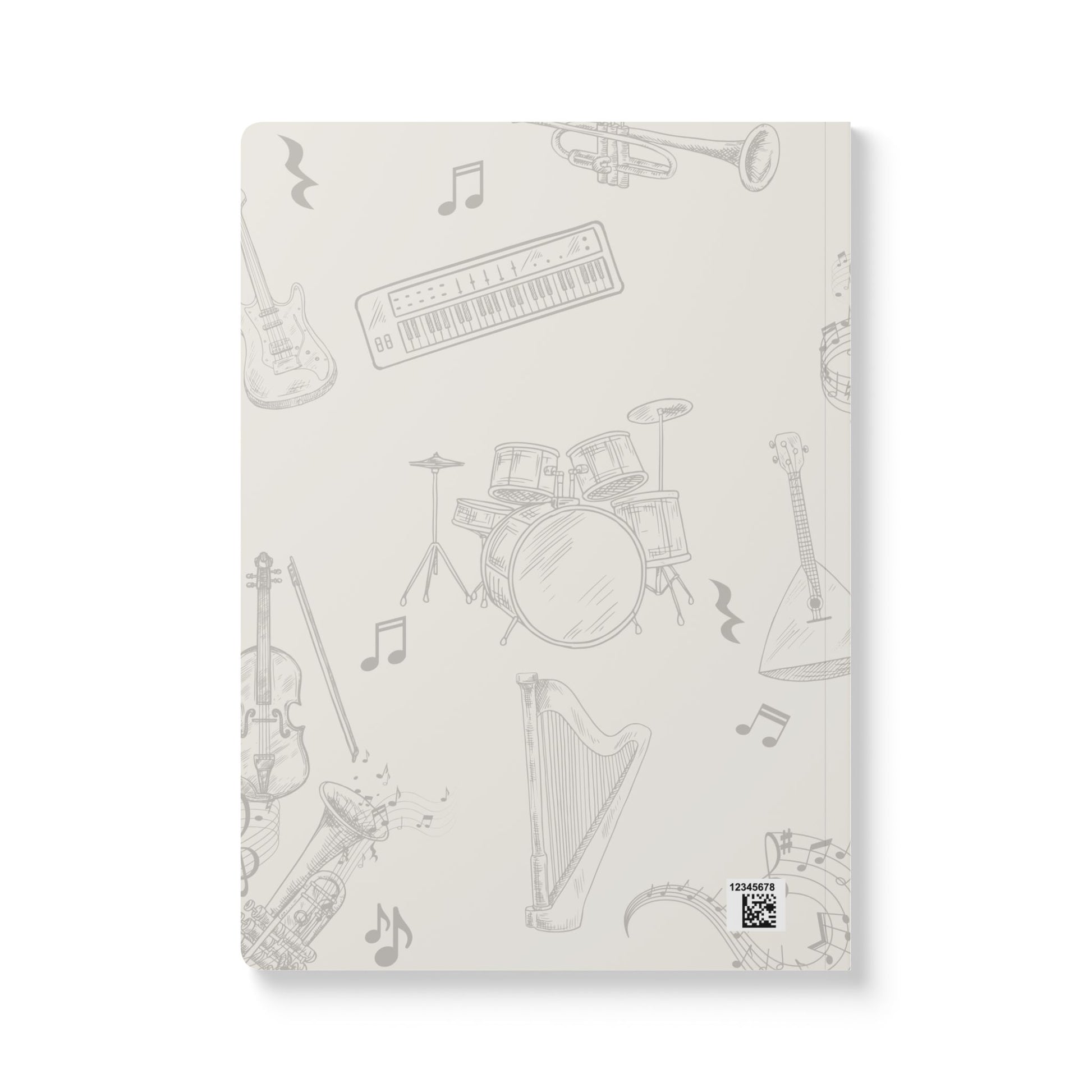 Notebook back cover with musical instrument illustrations on a white background