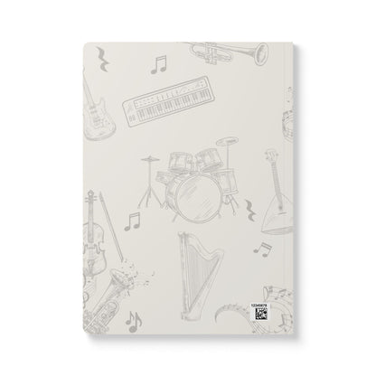 Notebook back cover with musical instrument illustrations on a white background