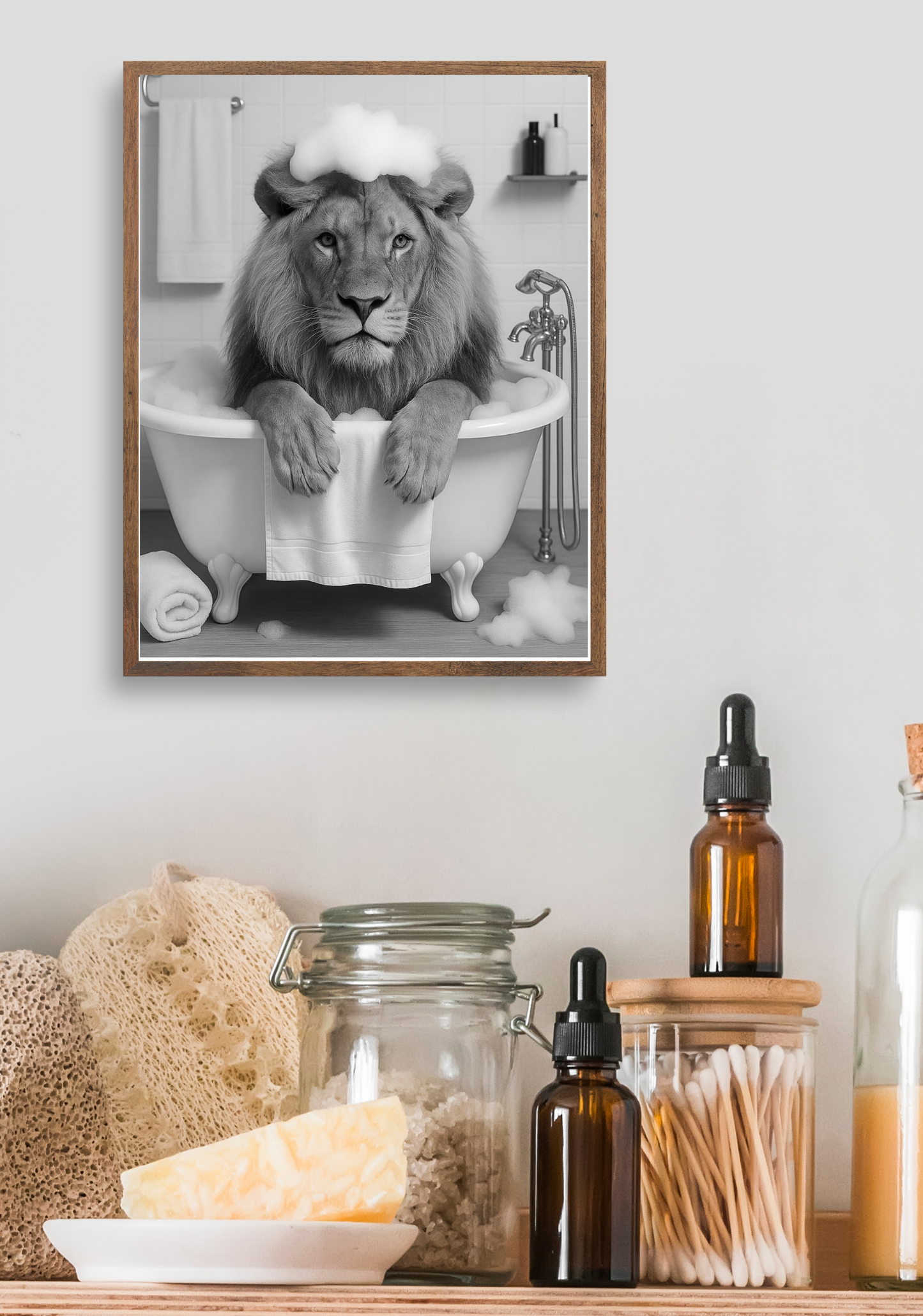 🦁 Bathtub Whimsy – Lion Edition | Bold & Funny Bathroom Wall Art (Digital Download)