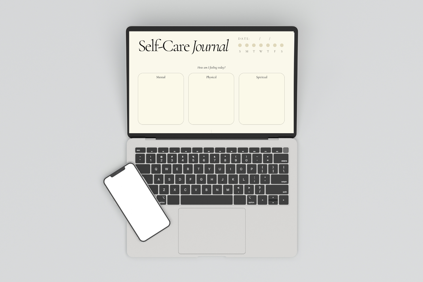 Self-Care Journal displayed on a laptop, in a light gray background