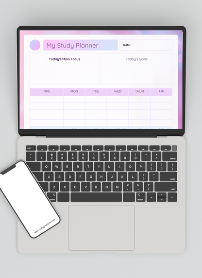 Laptop displaying a study planner PDF on a light gray background