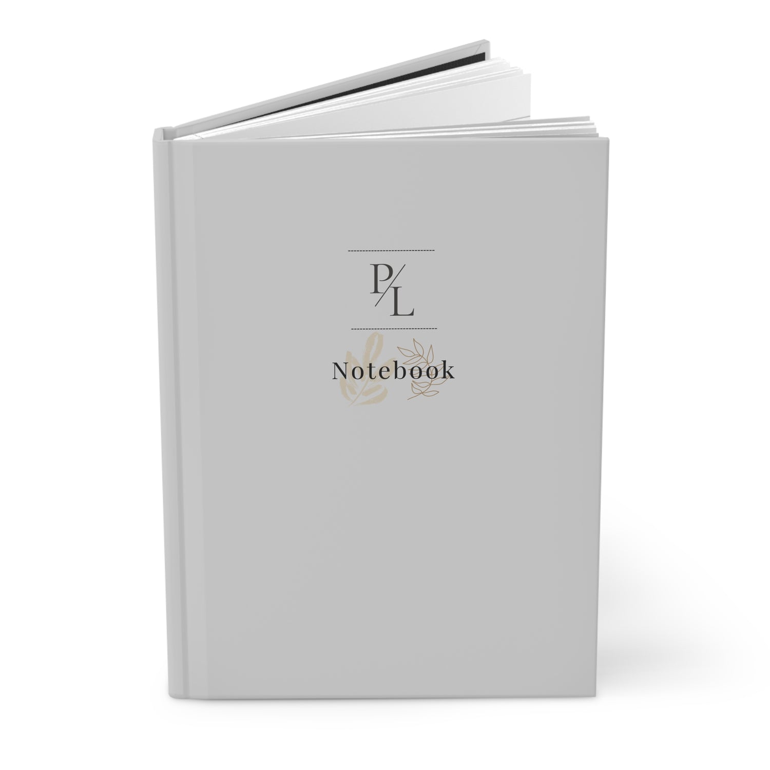 light gray notebook with 'P/L' logo in a white background