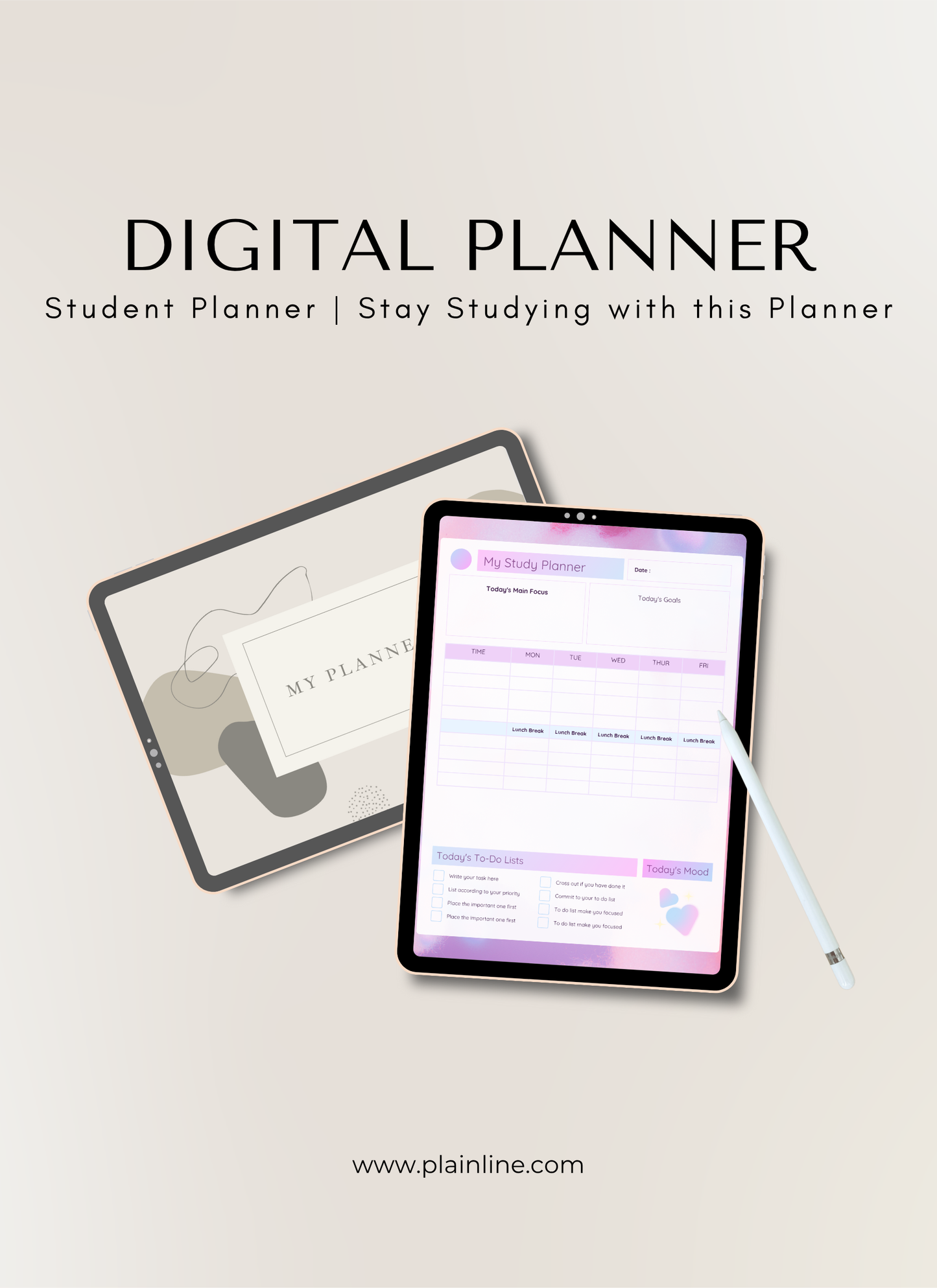 Digital planner displayed on a tablet with a pencil, on a light gray background.