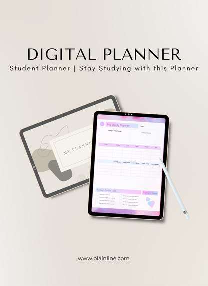 Digital planner displayed on a tablet with a pencil, on a light gray background.