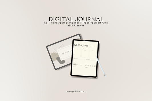 Digital journal planner on a tablet with a pen on a light gray background