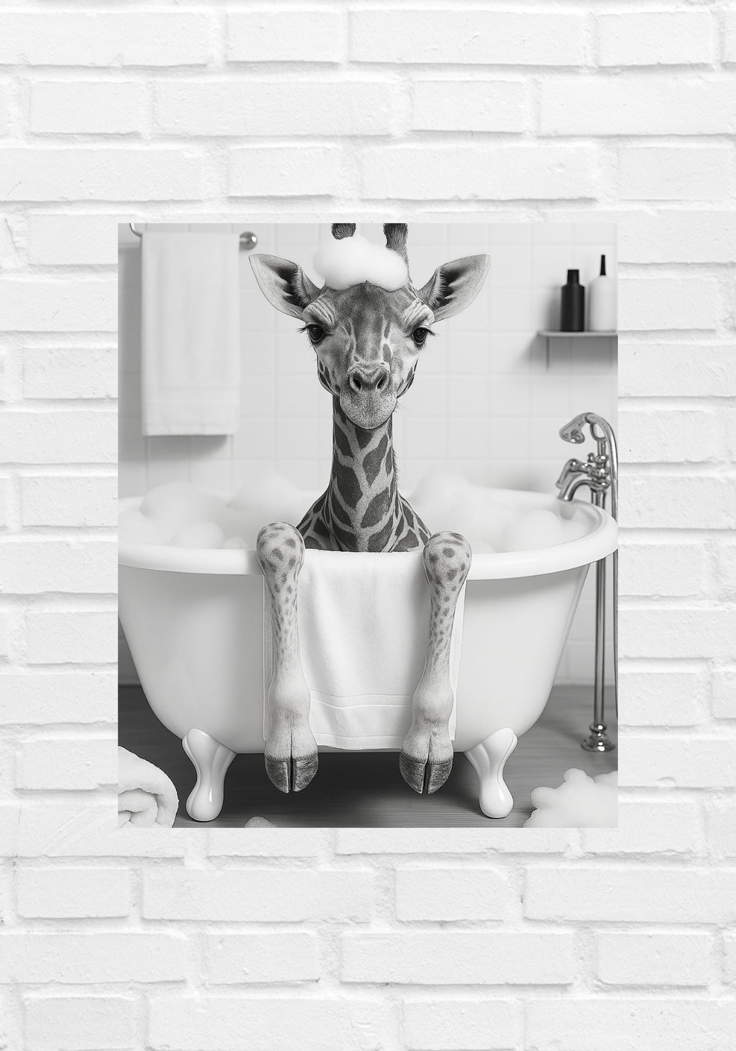 🦒 Bathtub Whimsy – Giraffe Edition | Funny Monochrome Bathroom Wall Art (Digital Download)