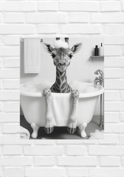 🦒 Bathtub Whimsy – Giraffe Edition | Funny Monochrome Bathroom Wall Art (Digital Download)