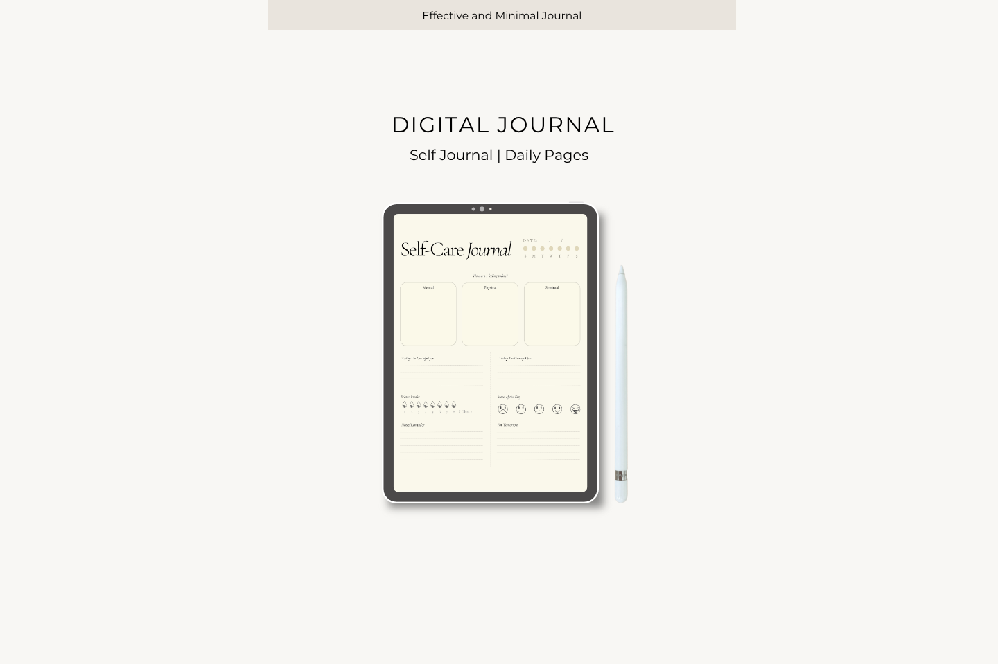 Self-Care Journal displayed on a tablet screen with a pen in a white background