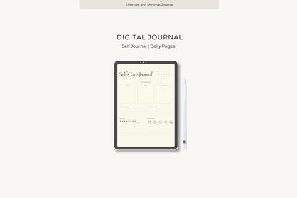Self-Care Journal displayed on a tablet screen with a pen in a white background