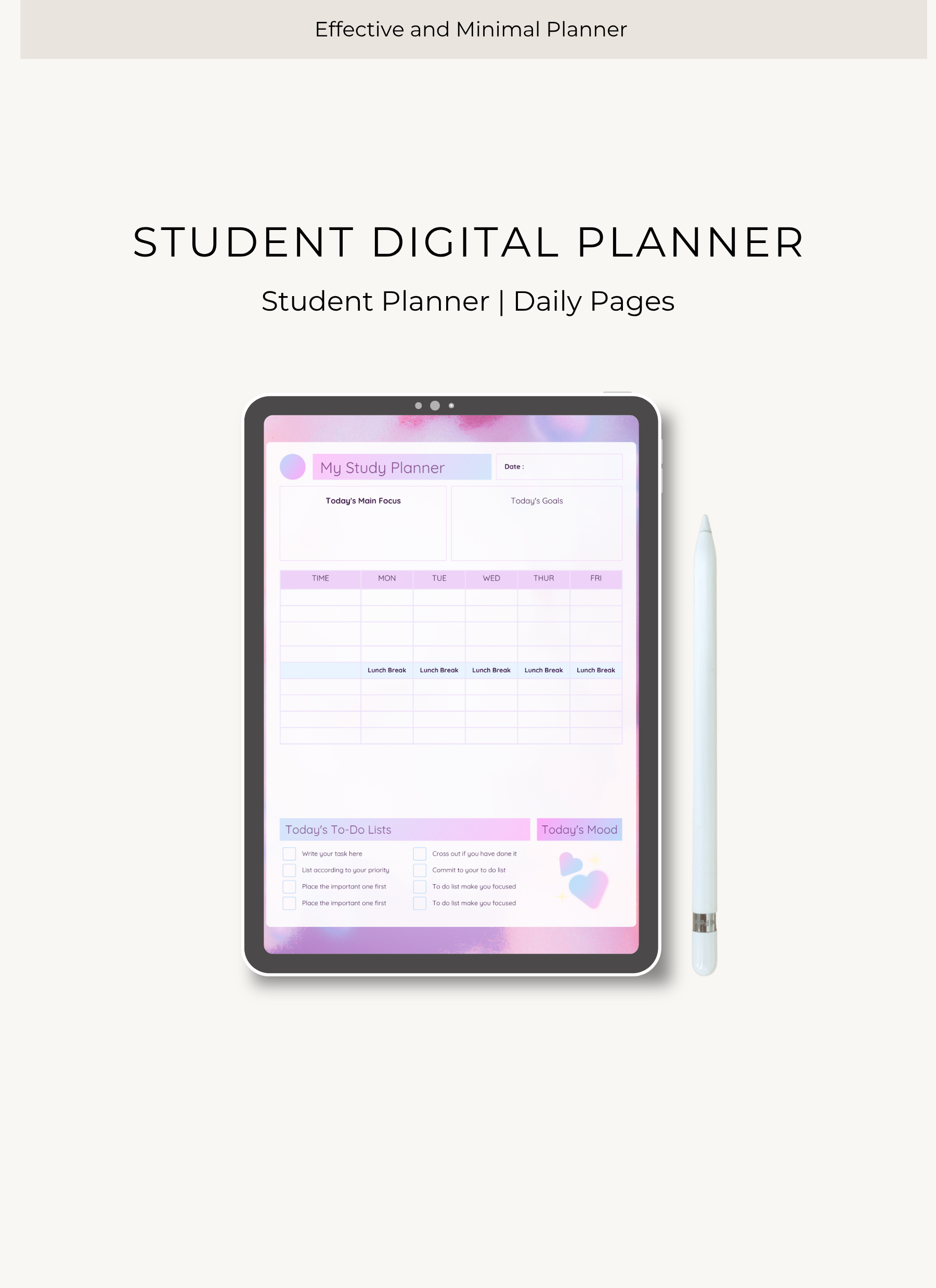 Student digital planner displayed on a tablet with a pen next to it, on a light gray background.