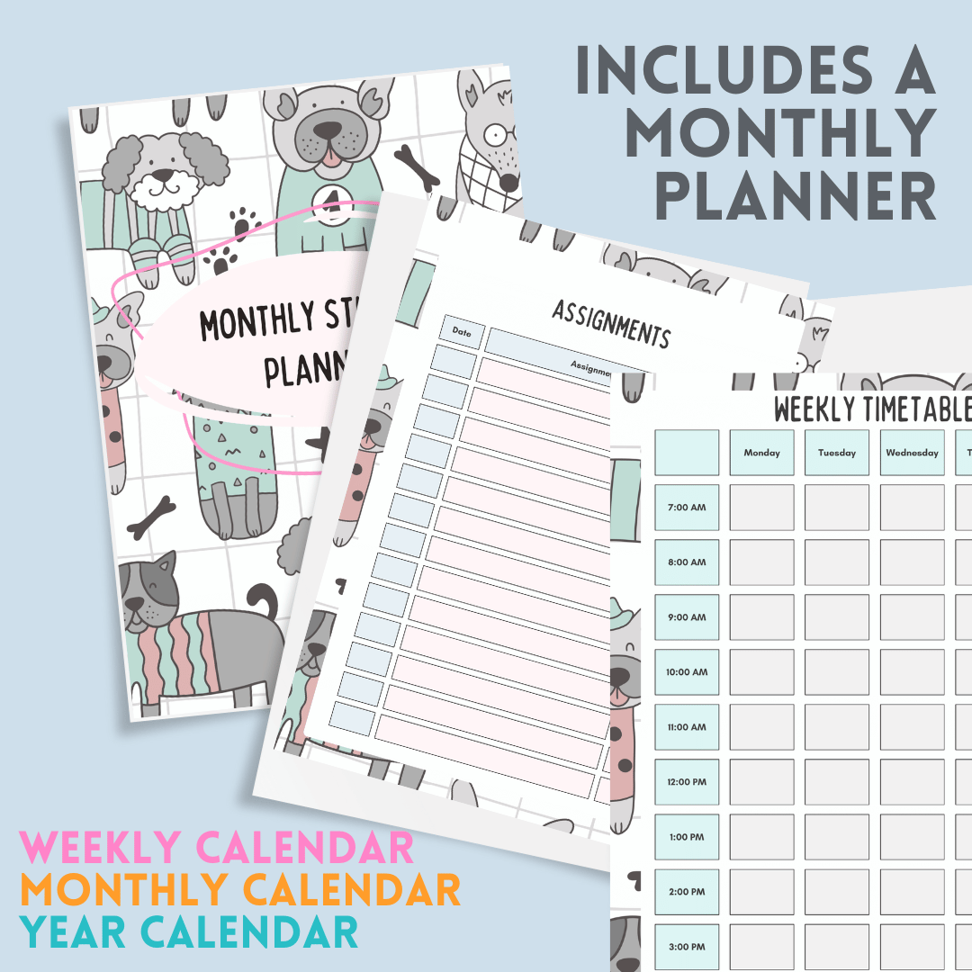 Educational planners with animal designs on a light blue background