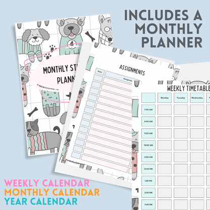 Educational planners with animal designs on a light blue background