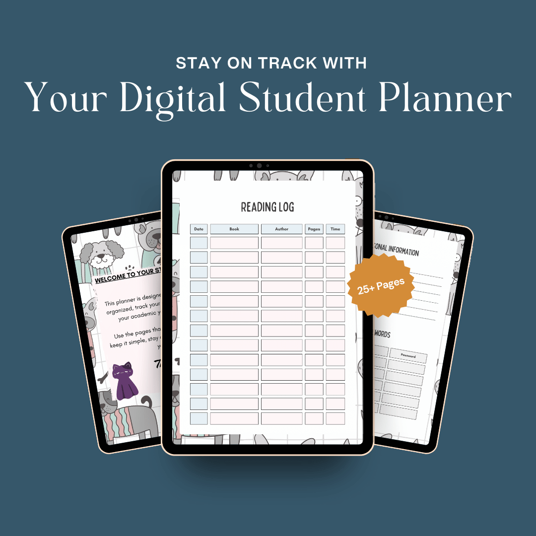 Digital student planner on a tablet with text 'Stay on track with Your Digital Student Planner' on a blue background.