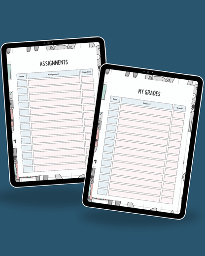 Two tablets displaying educational app screens on a blue background