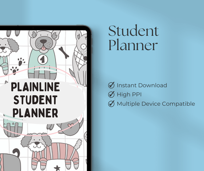 Plainline Student Planner with cartoon animals on a blue background