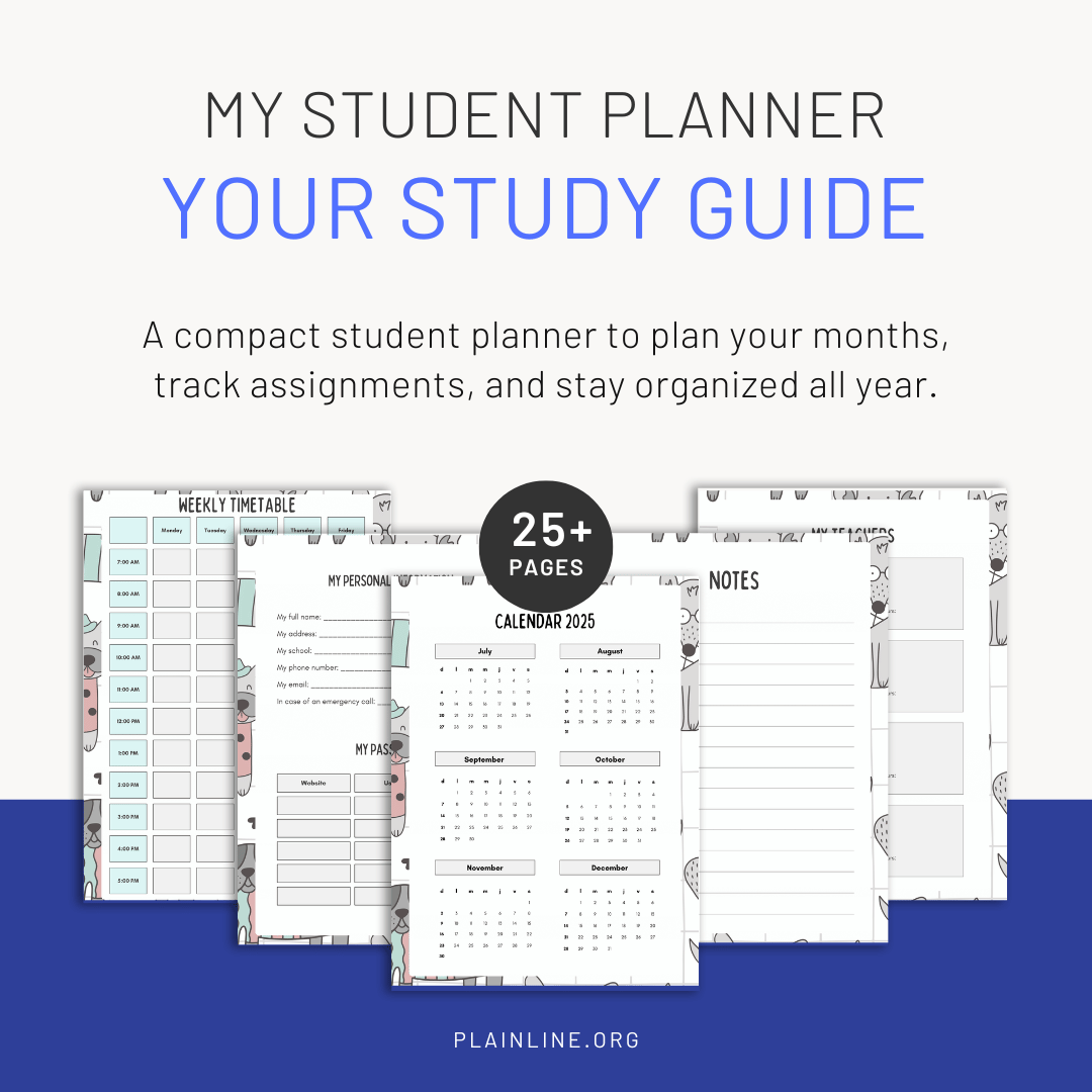 Student planner with various sections on a white and blue background