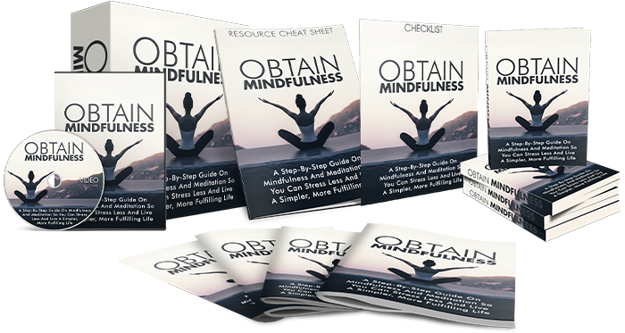 Multiple copies of 'Obtain Mindfulness' books and a CD on a white background