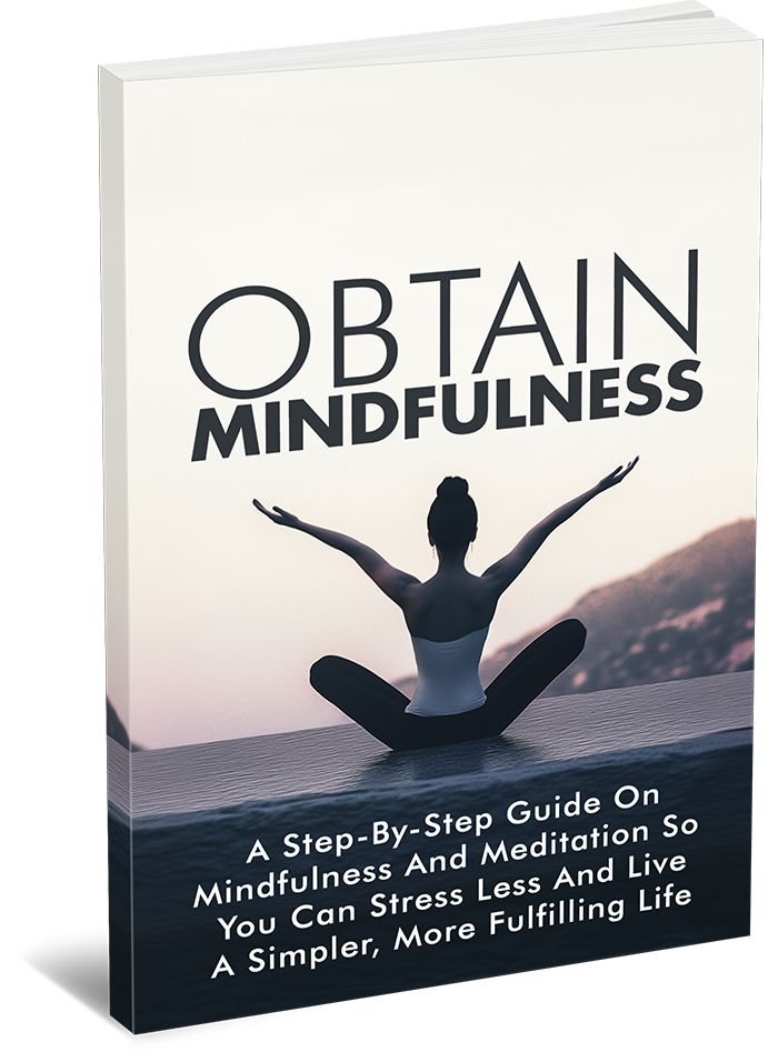 Book titled 'Obtain Mindfulness' with a silhouette of a person meditating on a mountain.